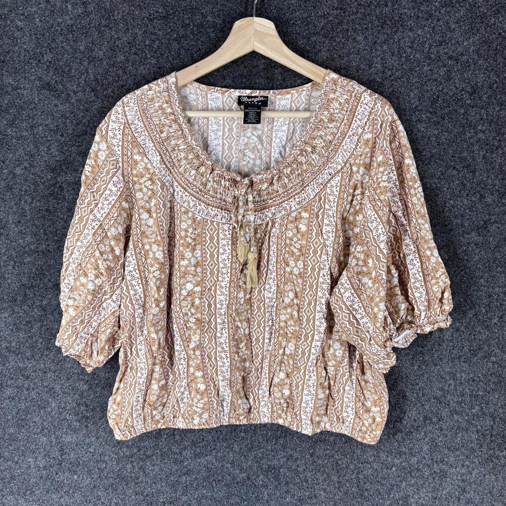 Wrangler Blouse Women 2XL Brown Floral Tasseled Short Sleeve Rayon Pullover